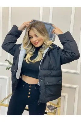 buqre's moda Kadın Gri Kapüşonlu Siyah Şişme Mont