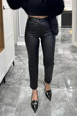 Genel Markalar Siyah - Deri Görünümlü Skinny Pantolon