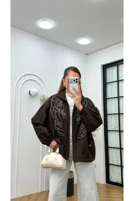 R-Style Eteği Dantelli, Astarlı, Beli Tünelli Paraşüt Kumaş Ceket