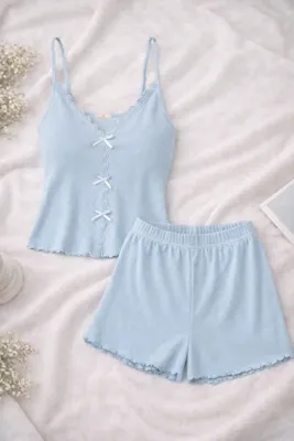 koza iç giyim Kadın İnce Askılı Dantelli Fiyonklu Pamuklu Şortlu Pijama Takımı