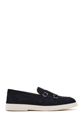 Derimod Erkek Lacivert Çift Tokalı Süet Deri Casual Loafer