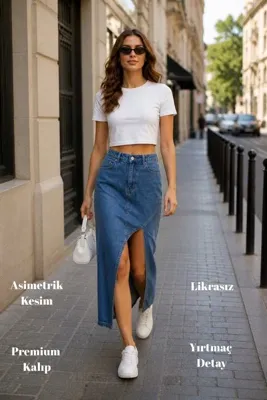 CEDY DENIM Yırtmaçlı Denim Etek Asimetrik Kesim Kadın Jean Etek Günlük Şık Modern Kalıp Trend Etek E7000 Mavi
