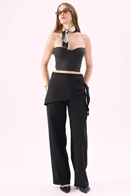 CrepTekstil Crep Kadın Double Kumaş Yüksek Bel Bağlama Detaylı Etek Görünümlü Bol Paça Pantolon Siyah