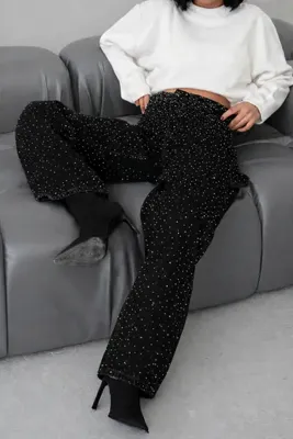 ParlaMira Kadın Siyah Taşlı Yüksek Bel Bol Kesim Tokalı Jean