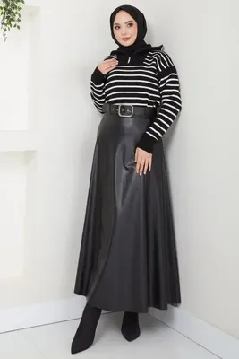 hafsamina Kemerli Deri Etek Siyah HM2641