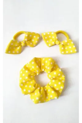 Genel Markalar Puantiyeli Pamuklu 3'lü Toka Seti - 2 Adet Fiyonklu Lastik Toka + 1 Adet Scrunchie - Puantiyeli - El Yapımı