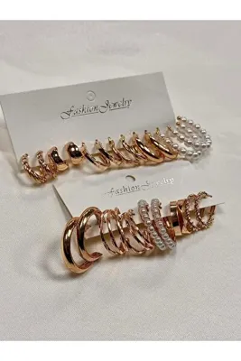 Perry Accesories ÇOKLU KOMBİN İNCİ KÜPE SETİ KLİPSLİ VE METAL ARKALIKLI KADIN  HALKA KÜPE SETİ