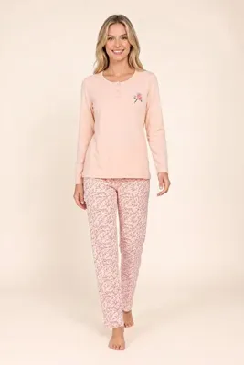 BAYKAR Kadın Pamuklu Bisiklet Yaka Çiçek Baskılı Uzun Kollu Pijama Takımı 9943 Somon