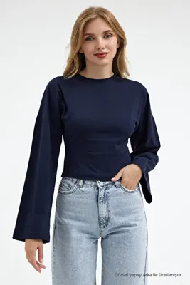 COMBİNE MİCHAİL Kadın Basic Geniş Kol Lacivert Crop Bluz
