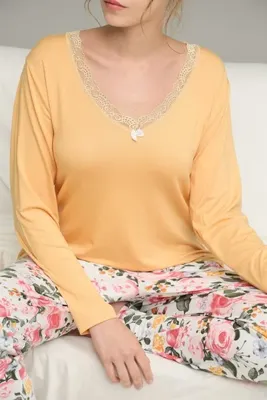 Siyah İnci sarı desenli Örme Pamuklu Pijama Takım25240253