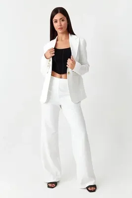 Select Moda Kadın Beyaz Gold Düğmeli Blazer Ceket