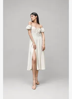 NEFS Design Yırtmaçlı Vintage Keten Elbise Midi Boy Kum Rengi