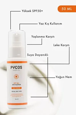 PYCOS COSMETICS Spf 50 Leke Karşıtı Yüz Güneş Kremi 50ml, Tüm Cilt Tipleri Için