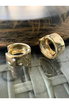 Pelin Aksesuar Beyaz Yıldız Desenli Gold Geniş Halka Küpe