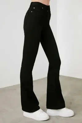 Ramrod Siyah Yüksek Bel Flare Jeans Renk Solmayan Ispanyol Paça Kot Pantolon