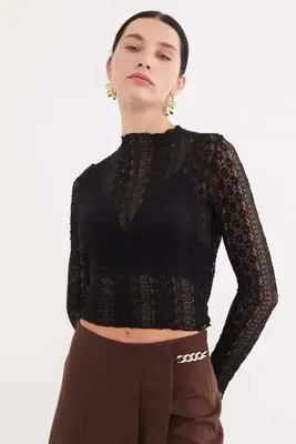 Fulla Moda Çiçek Dantelli Dik Yaka Transparan Bluz