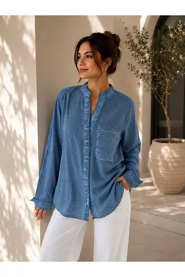 mega lucky Kadın Mavi Hakim Yaka Katlanabilir Kollu Oversize Gömlek