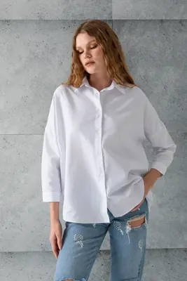 GİYSA Kadın Beyaz Uzun Kollu Basic Pamuklu Oversize Gömlek - 3900