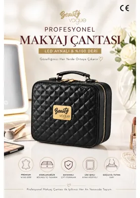 Beauty Vogue Hakiki Deri Işıklı Aynalı Makyaj Çantası - Ayarlanabilir Bölmeli Darbeye Dayanıklı Lüks Organizer- Bordo