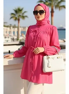Neva Style Önden Düğmeli ve Bağcıklı Fuşya Tesettür Poplin Tunik 20287F