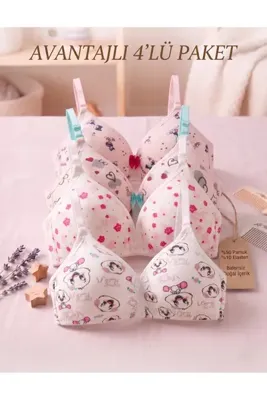 Lavint Homewear 4'lü Pamuklu Kız Çocuk Alıştırma Sütyeni Balensiz Çıkarılabilir Askılı Asorti
