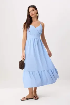TRENDYOLMİLLA Mavi Askılı Skater/Belden Açılan Midi Dokuma Elbise TWOSS26EL00982