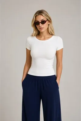 CloudyMood Ultra Soft Kayık Yaka Kısa Kol Bluz Ekru