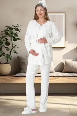 Mecit 5911 Ekru Peluş 3 Lü Pijama Sabahlık Tk