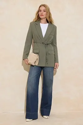 Trendyol Modest Haki Beli Kordon Kemerli Dokuma Ceket TCTSS26CK00001