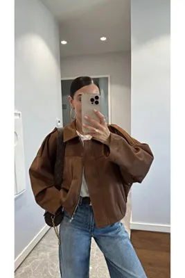 JaMolls MUADİL TASARIM SÜET KUMAŞ OMUZ DETAY OVERSİZE KESİM BOL BOMBER MONT CEKET