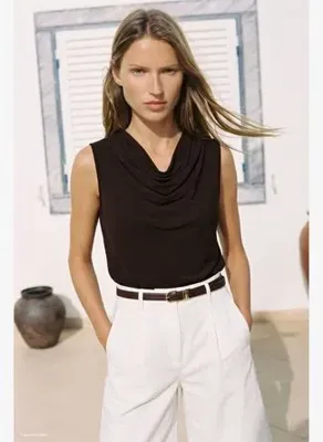 Sateen Degaje Yaka Kolsuz Bluz - Koyu Kahve
