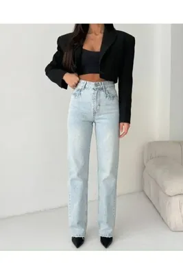 HerTon Kadın Yüksek Bel %100 Pamuk Jean Pantolon - Düz Kesim Straight Denim