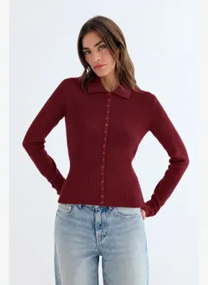 Silk and Cashmere Kızıl Kırmızı Chloe İpek Kaşmir Ribanalı Polo Triko