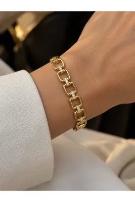 Genel Markalar Gold Kararmaz Altın Renk Taş Detaylı Geometrik Zincir Model Şık Kadın Bileklik