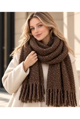 Didoria Accessory Kadın Simli Buklet Püsküllü Kalın Kışlık Atkı Şal 44x224 cm - Kahverengi