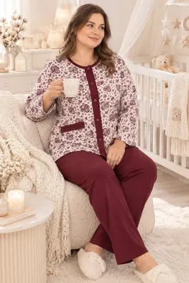 MODA Kadın Önden Düğmeli %100 Cotton Pamuklu Pijama Takımı - Anne / Lohusa / Çeyiz Ev Giyimi