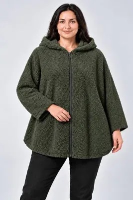 Curvy Trend Büyük Beden Kapşonlu Fermuarlı Sherpa Kuzu Kumaş Ceket