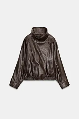 FEMİNEER.com ZR Dik Yaka Orjinal Desen Yumuşak Oversize KAHVERENGİ Deri Ceket