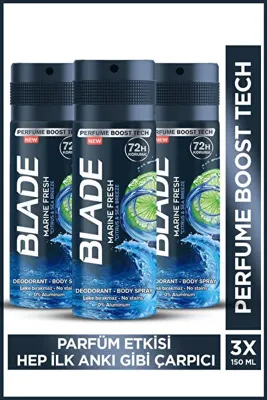 BLADE Marine Fresh Erkek Alüminyumsuz Deodorant Body Spray 3x150ML Hızlı Kurur,leke Bırakmaz