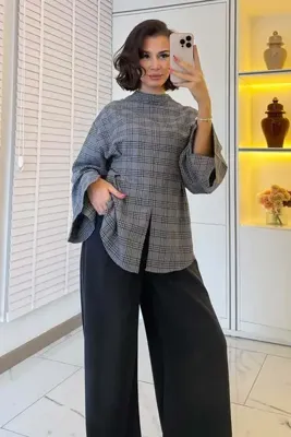 MELEK ARAZ Hakim Yaka Önden Yırtmaçlı Ekose Oduncu Bluz - Gri