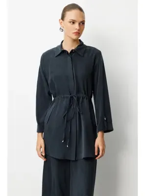 Mizalle Beli Büzgülü Siyah Cupro Tunik