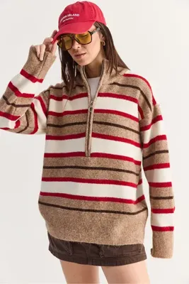 Bianco Lucci Kadın Camel-Krem Şardonlu Çizgili Dik Yaka Yarım Fermuarlı Oversize Triko Kazak 5475 60286708
