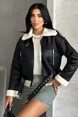 moda armanc Kadın Kemerli İçi Kürklü Deri Mont - Biker Deri Ceket