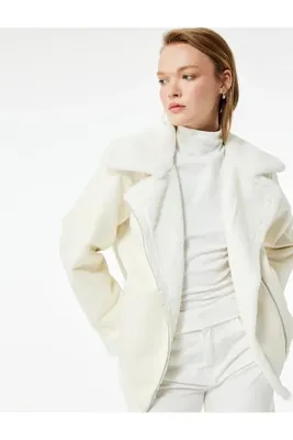 Koton Suni Kürklü Yaka Fermuarlı Cepli Süet Görünümlü Biker Ceket