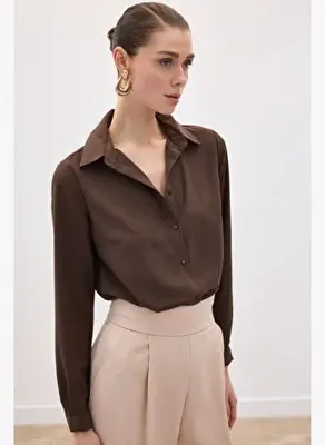 Sateen Düz Klasik Gömlek - Kahve