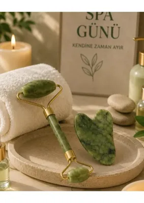 TKÇ Jade Stone Yüz Bakım Seti Gua Sha ve Roller Masaj Taşı