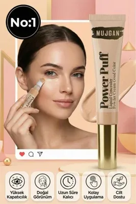 MUJGAN Power Puff Sünger Uçlu Likit Kapatıcı– Yüksek Kapatıcılık, Doğal Görünüm NO:1