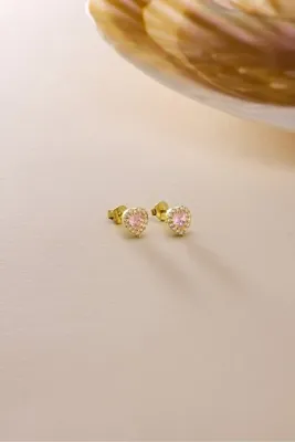 Nereze 925 Ayar Gümüş Gold Kaplama Pembe Taşlı Kalp Model Küpe