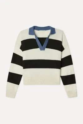 Mudo Kadın Ekru Çizgili Loose Fit Polo Yaka Kazak