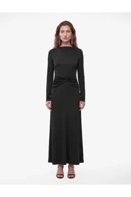 Koton Slim Fit Parlak Sandy Kumaş Degaje Yaka Uzun Kollu Drapeli Elbise